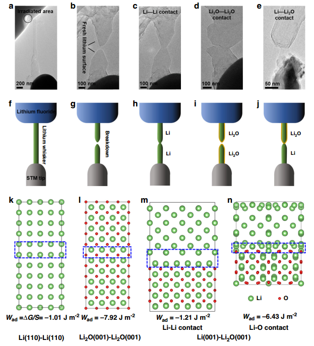 原位TEM電學樣品桿觀測鋰支晶形成、拉斷過程 原位TEM電學樣品桿觀測鋰支晶形成、拉斷過程
